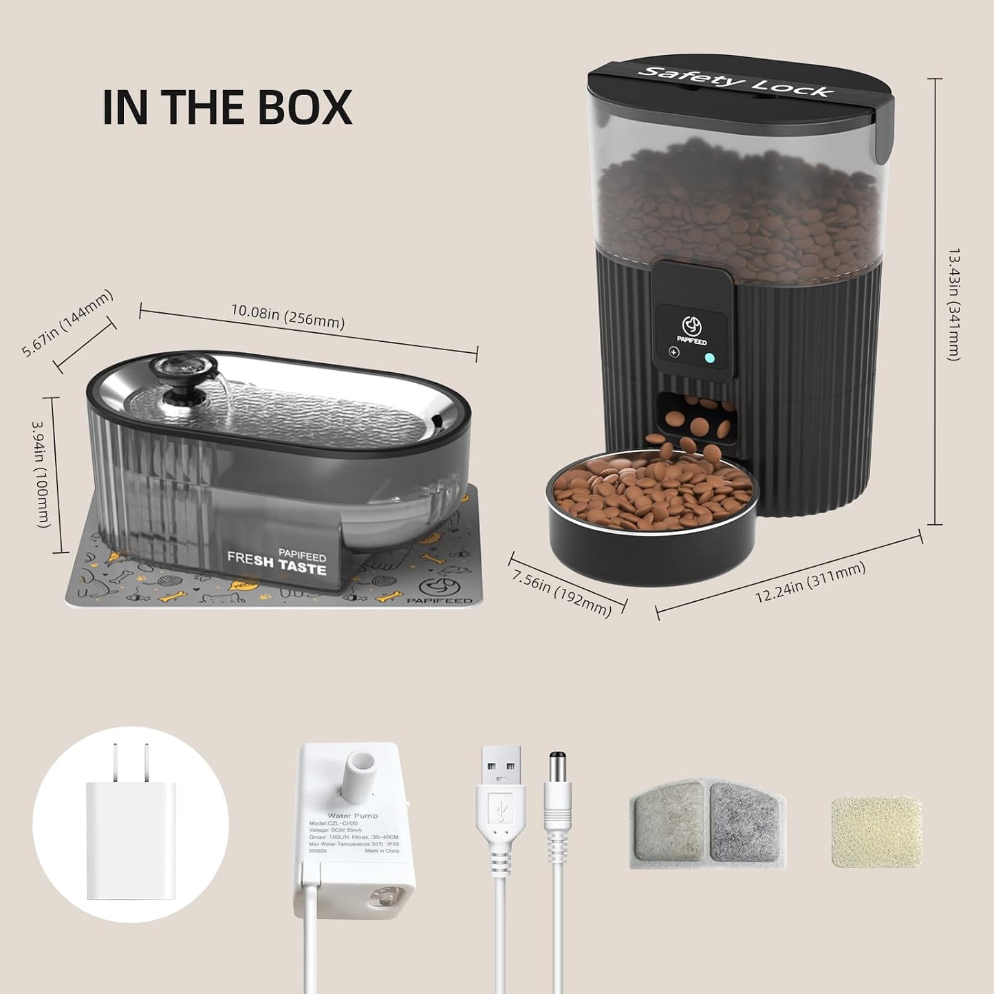 Automatic Cat Feeder and Water Fountain Stainless Steel, Auto Cat Food & Water Dispenser, Quiet Pet Drinking Fountain with LED, Timed Cat Feeder with App, 10 Meals/Day, Smart Cat Feeder Set