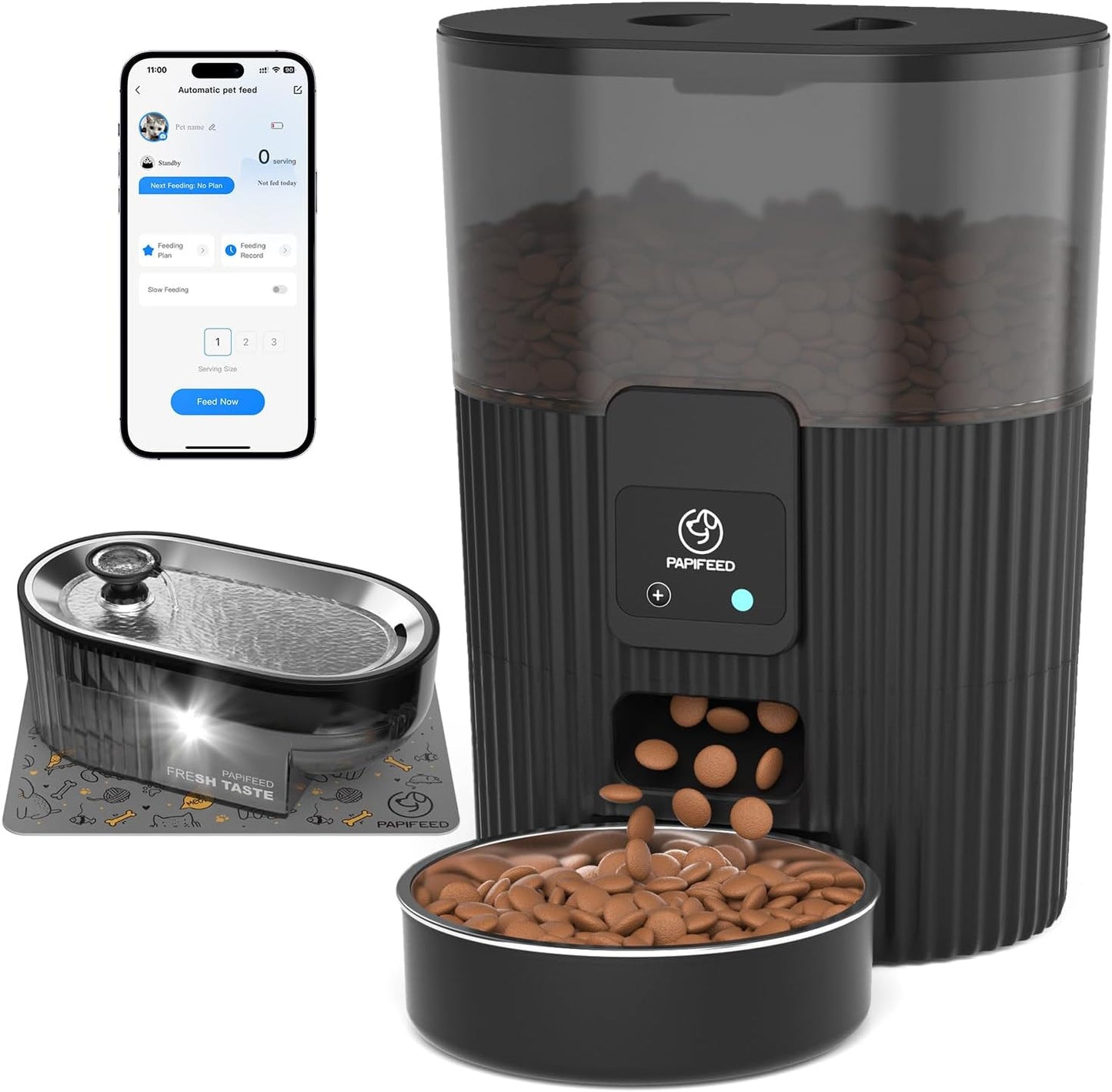 Automatic Cat Feeder and Water Fountain Stainless Steel, Auto Cat Food & Water Dispenser, Quiet Pet Drinking Fountain with LED, Timed Cat Feeder with App, 10 Meals/Day, Smart Cat Feeder Set